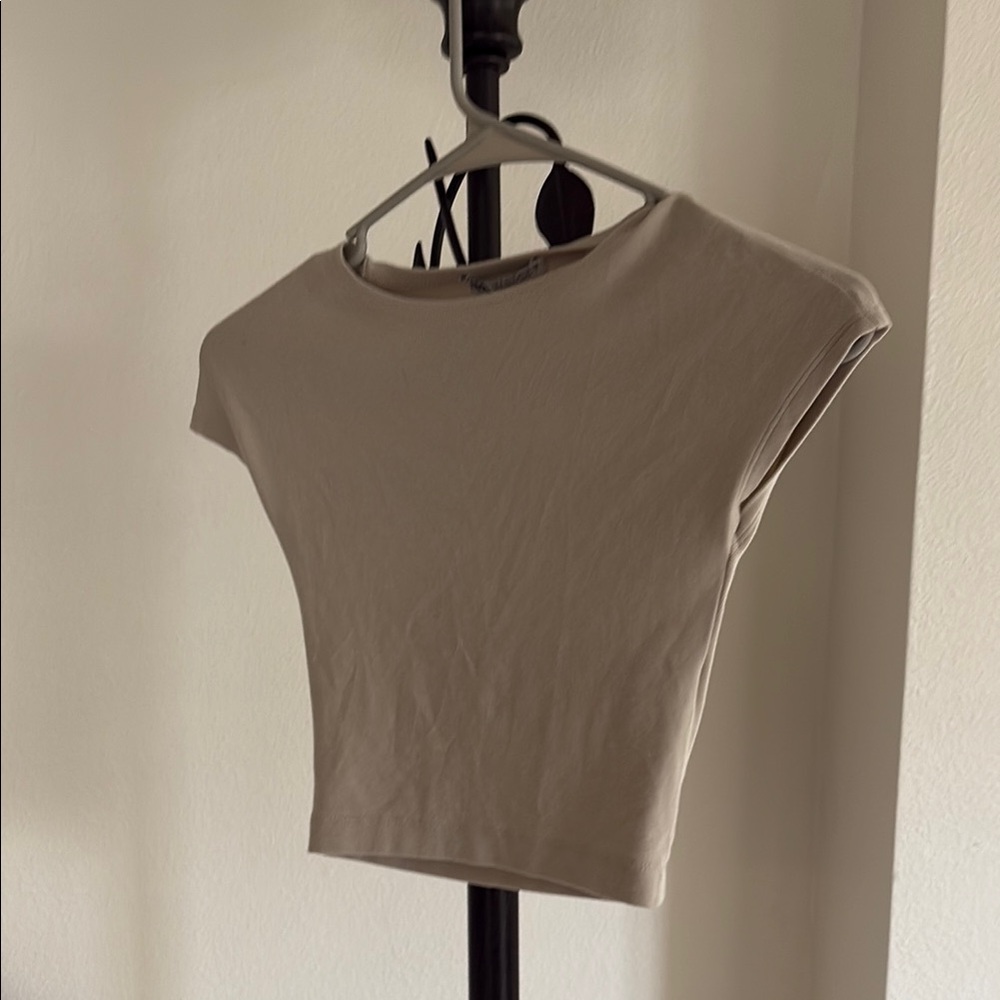 Zara Tan Crop Top Fitted Cap Sleeve